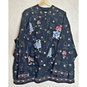 VTG‎ + DENIM & CO Jacket Women Sz 2X Embroidered Embellished Dark Cottagecore